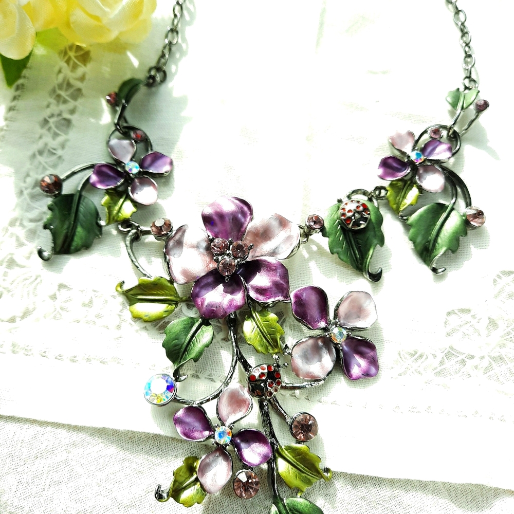 Purple Enamel Flower Necklace, Gunmetal Chain